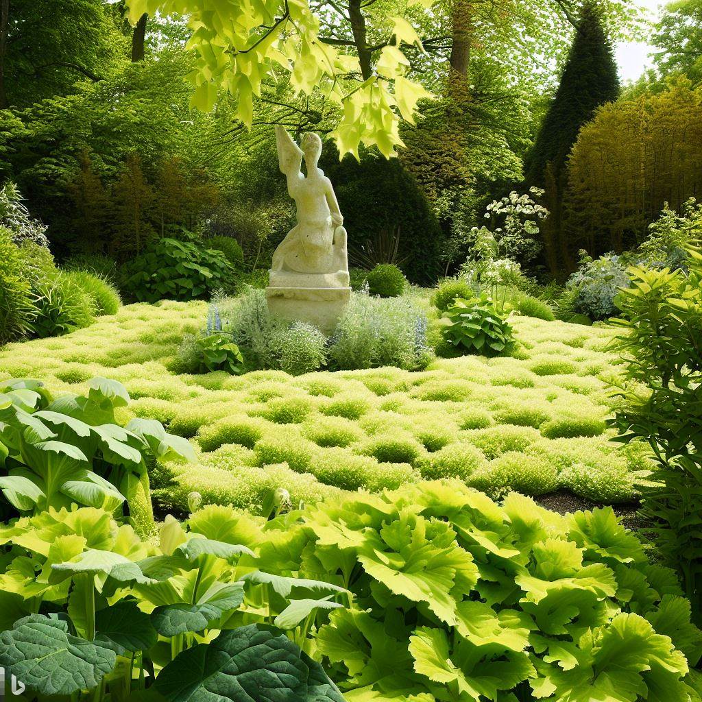 A lush green garden with a stone statue of a woman in the center. The statue is surrounded by lime green lady’s mantle plants that contrast with the gray stone. The garden has a variety of flowers and trees, creating a colorful and natural scene. The sky is blue with some white clouds.