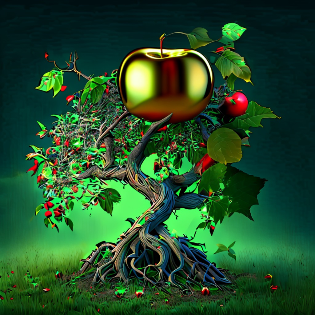 An ancient apple tree with leaves and apples of various stages in life and a single golden apple to represent the many choices and opportunities we have in life.