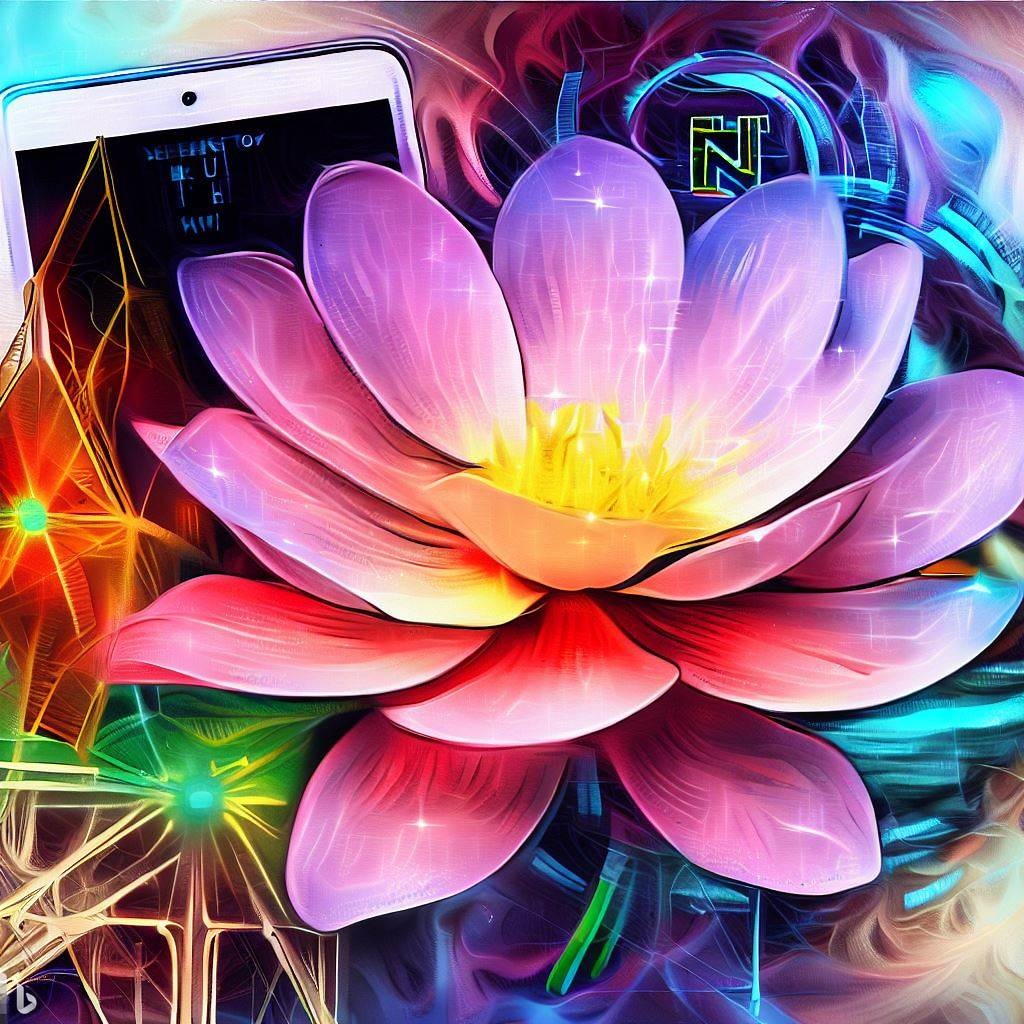 The drawing shows a flower with a laptop and a phone, surrounded by web3 and NFT symbols, in an abstract and expressive style, with more detail on the flower. The flower has a red and yellow center and white petals. The laptop and the phone have screens that display web3 logos and NFT images. The symbols around the flower include Ethereum, Bitcoin, Solana, Polygon, and other web3 platforms. The style of the drawing is colorful and dynamic, suggesting movement and energy.