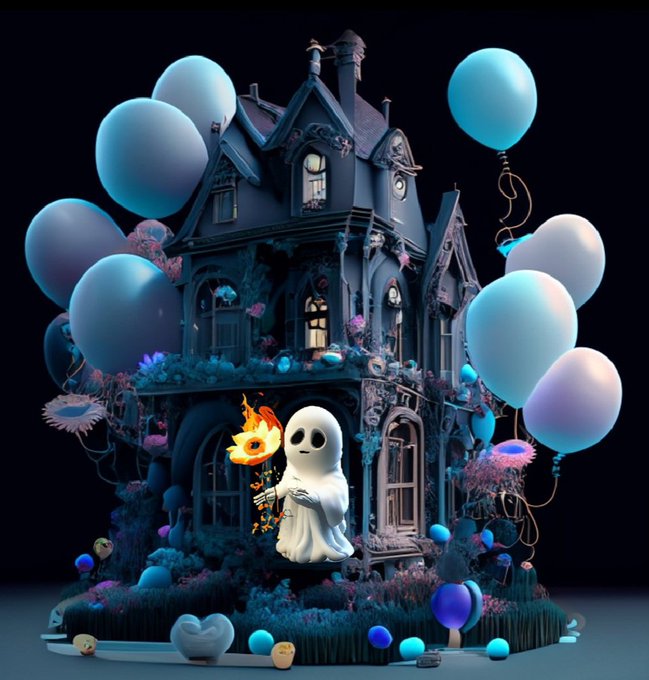 Haunted mansion decorated for a party and a ghost floating by the door with a burning flower.