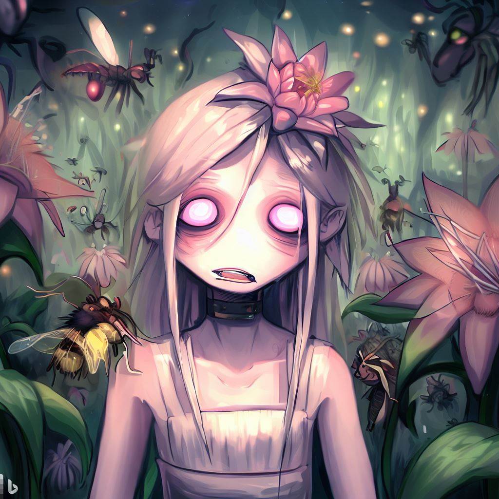 The drawing shows Lily, a drug-addicted flower who loves a bee and dreams of beauty. She has poetry and paintings of her love and pain. Insects kill her loved ones and destroy the garden. The drawing is black and white with red blood. The mood is gloomy and tragic.