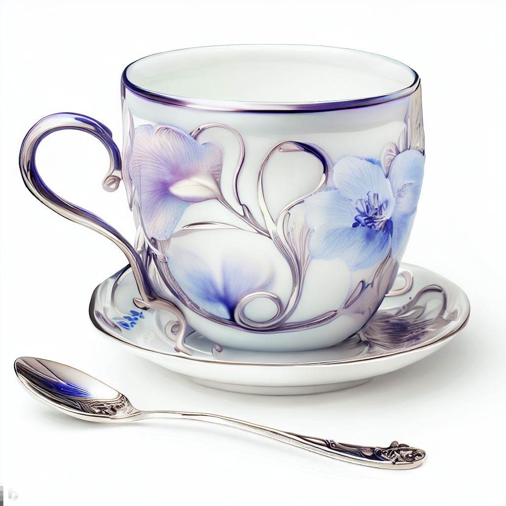 A silver rimmed, magic coffee cup with Orchids and silver spoon.