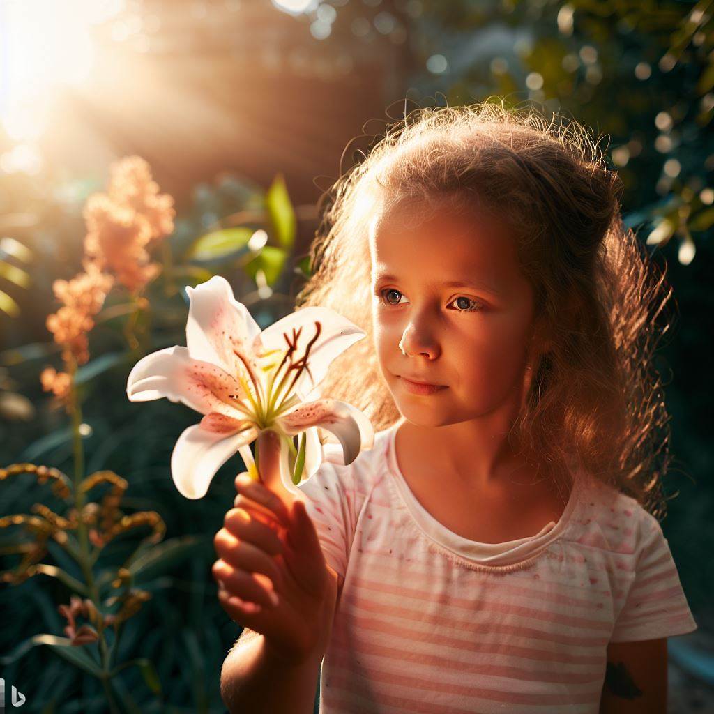 Lily standing in the garden admiring a flower.