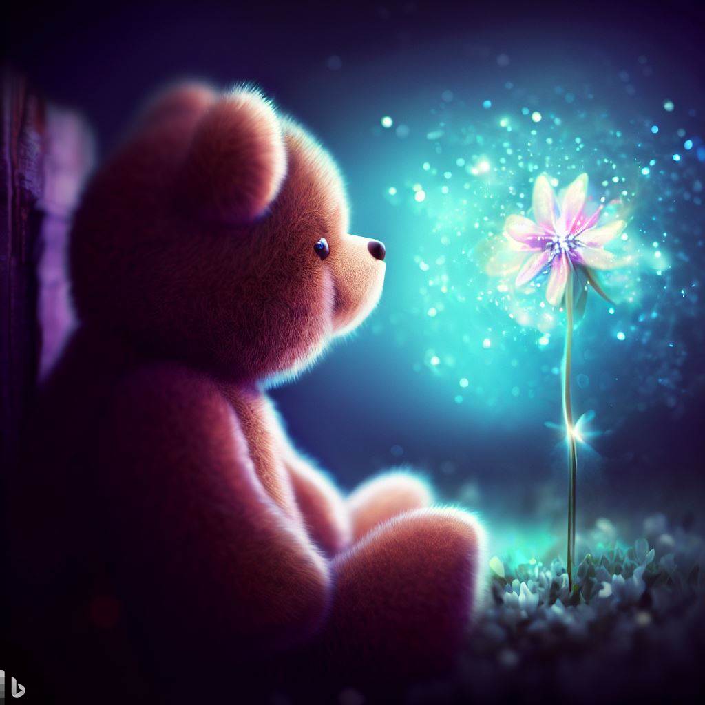 Teddy bear looking at his new friend and magic flower.