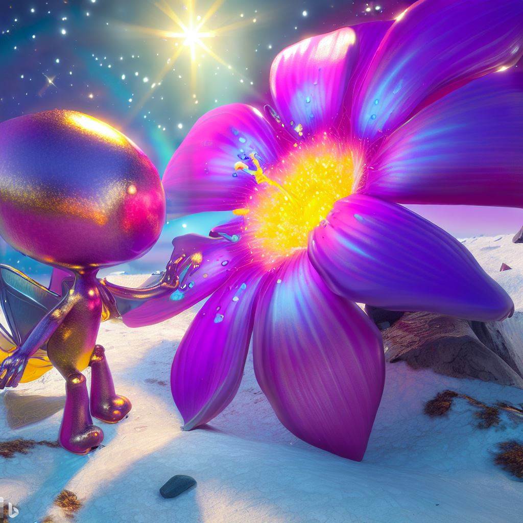 Zara, an #AI alien, travels the universe to find a magical flower that grants wishes. She finds it on a snowy planet and wishes for peace.