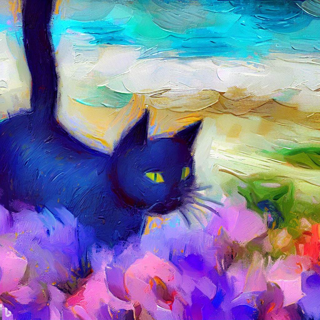 Description: Zara, a black cat, explores a colorful landscape with flowers and friends. She learns, plays, and returns home. #Zara #impressionism #landscape #adventure