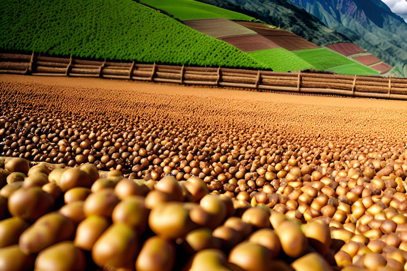 Field of similar potatoes piled up in the front, a wooden wall, then, in the distance, rolling hills and mountains showing diversification of the crop.