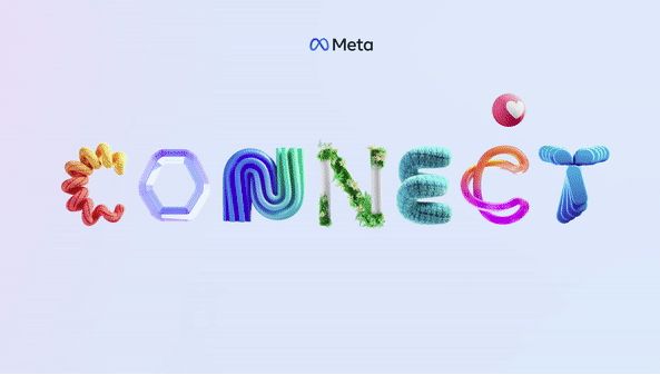 Meta's logo illuminated against a backdrop of virtual landscapes, symbolizing the company's focus on VR and the metaverse.