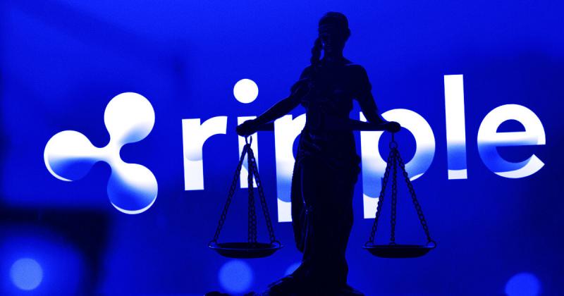 Legal gavel on a table with Ripple and SEC logos in the background.