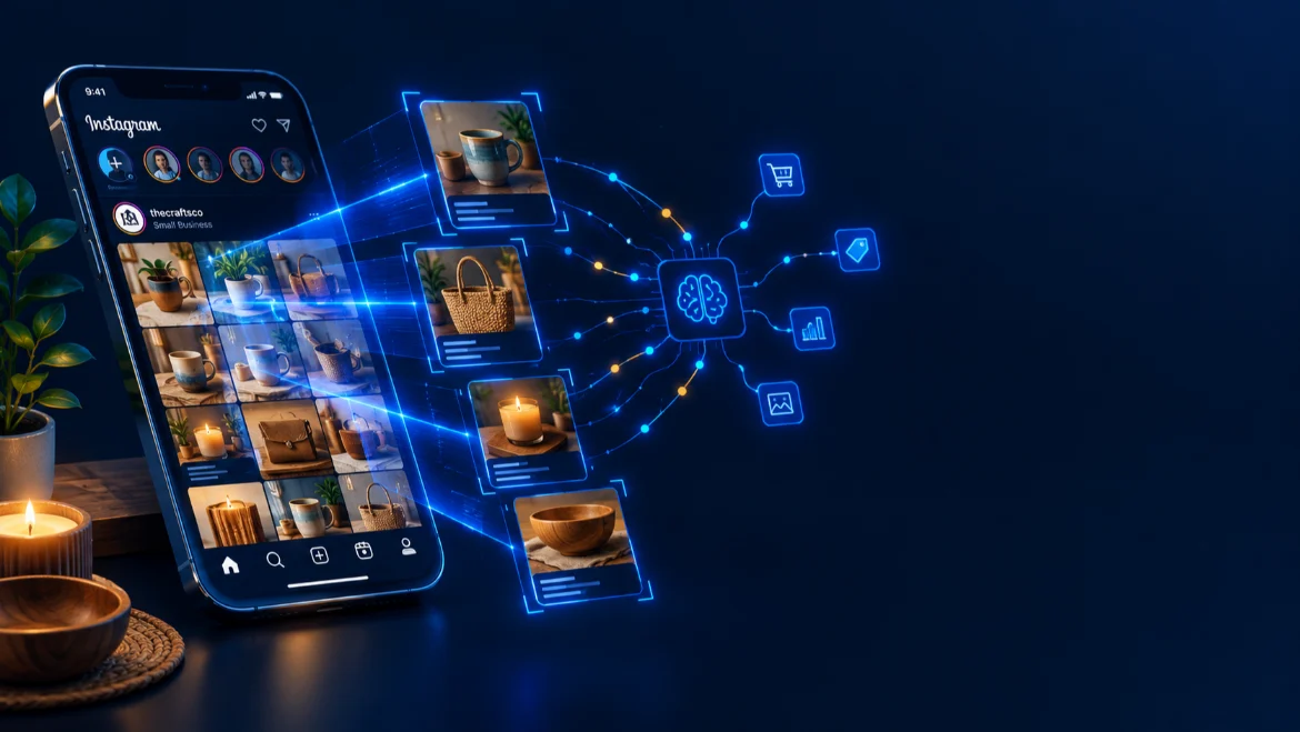 Digital art showing Meta AI data scanning product media from small business social profile