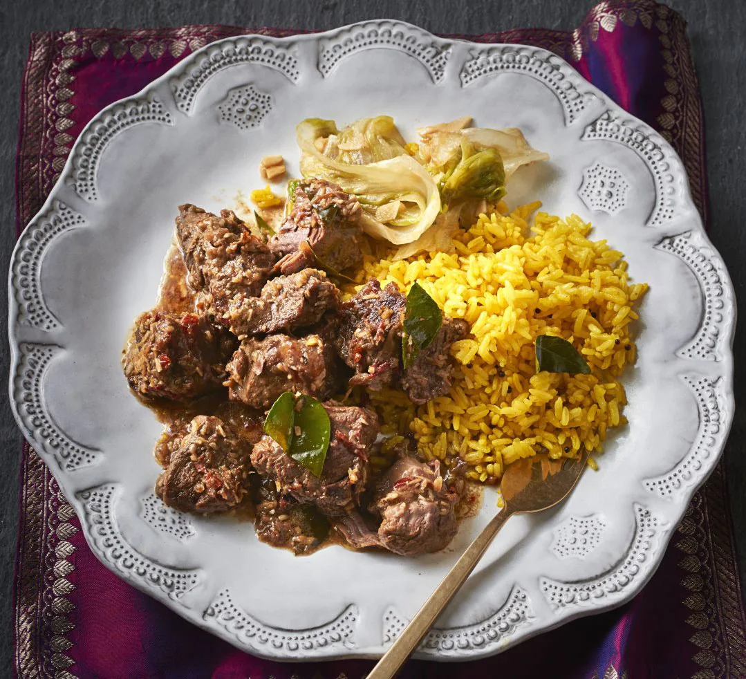 Braised Beef with Golden Rice and Roasted Vegetables