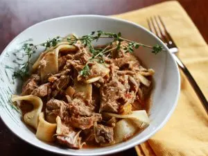 Pork Paprikash with Egg Noodles and Salad Pork Paprikash with Egg Noodles and Salad