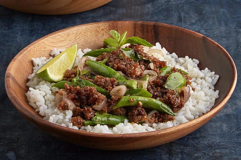 Sweet Crispy Basil Chicken with Jasmine Rice and Sauteed Green Beans