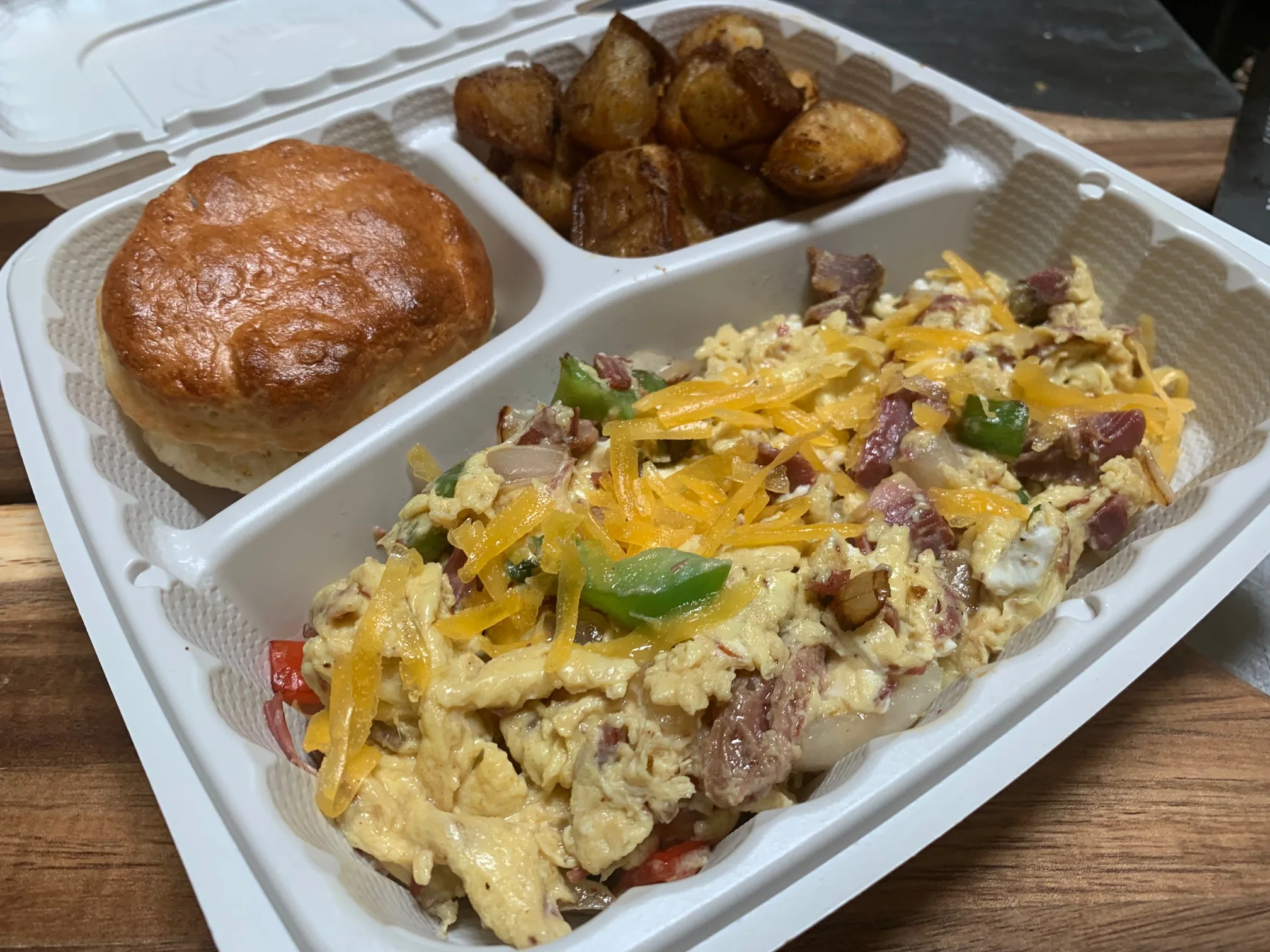 Corned Beef and Veggie Scramble with Roasted Potatoes and Biscuit Corned Beef and Veggie Scramble with Roasted Potatoes and Biscuit