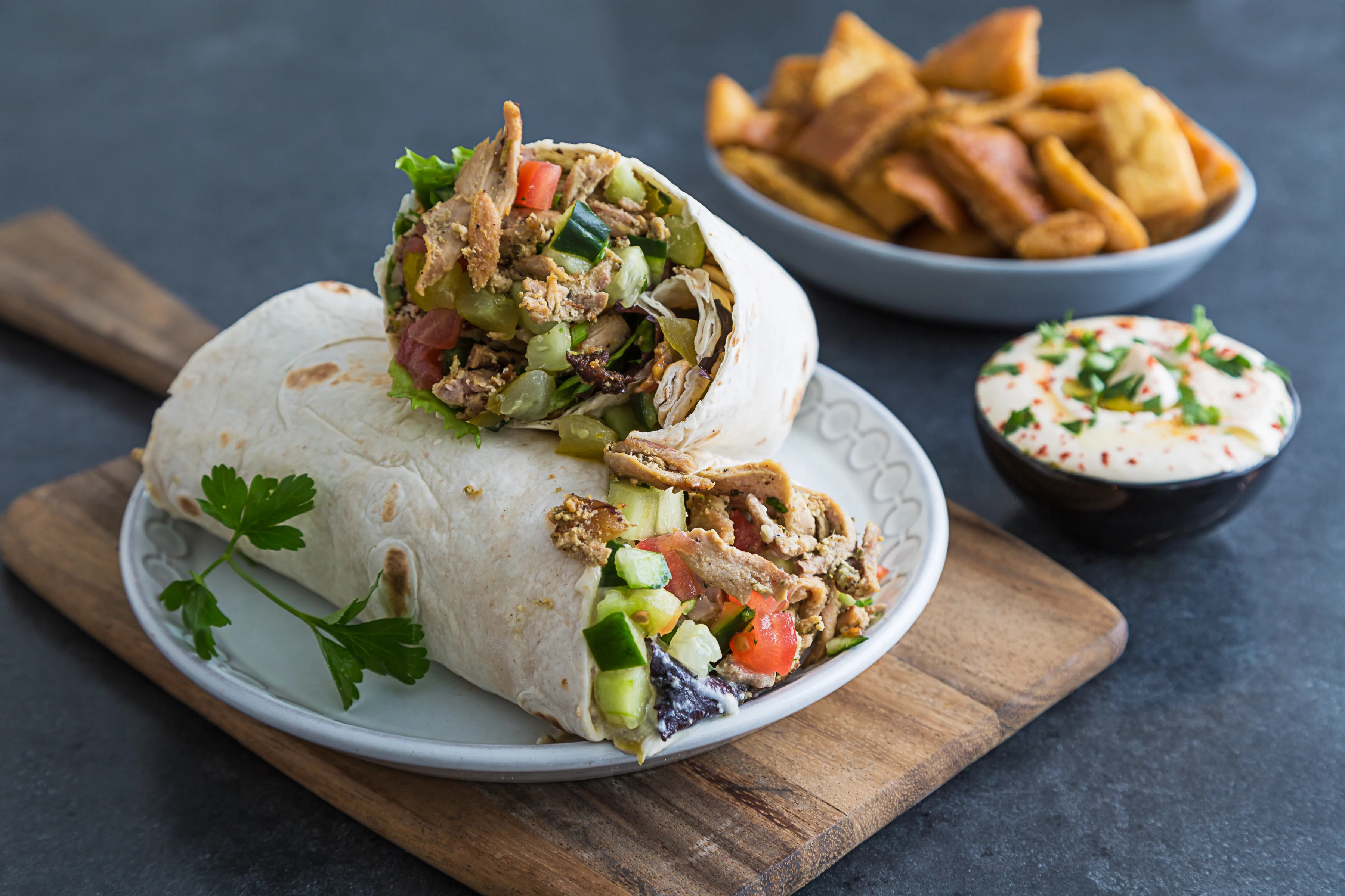 Chicken Shawarma Wrap with Pita Chips and Hummus
