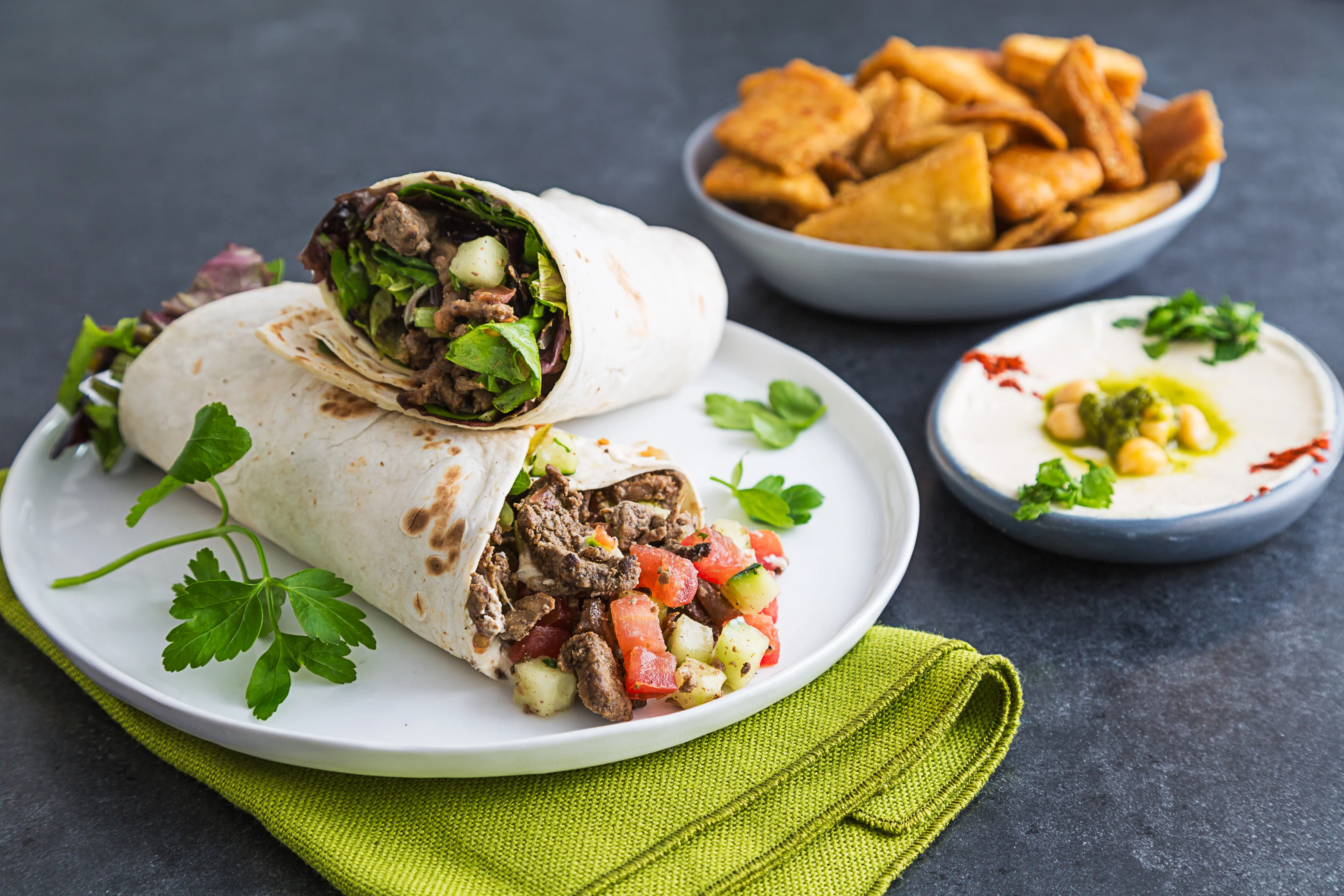 Steak Shawarma Wrap with Pita Chips and Hummus