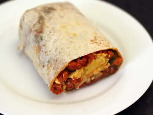 Chorizo Breakfast Burrito with Chipotle Salsa and Fruit Salad Chorizo Breakfast Burrito with Chipotle Salsa and Fruit Salad