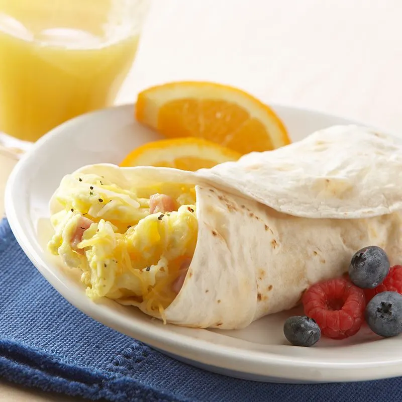 Ham Breakfast Burrito with Chipotle Salsa and Fruit Salad Ham Breakfast Burrito with Chipotle Salsa and Fruit Salad