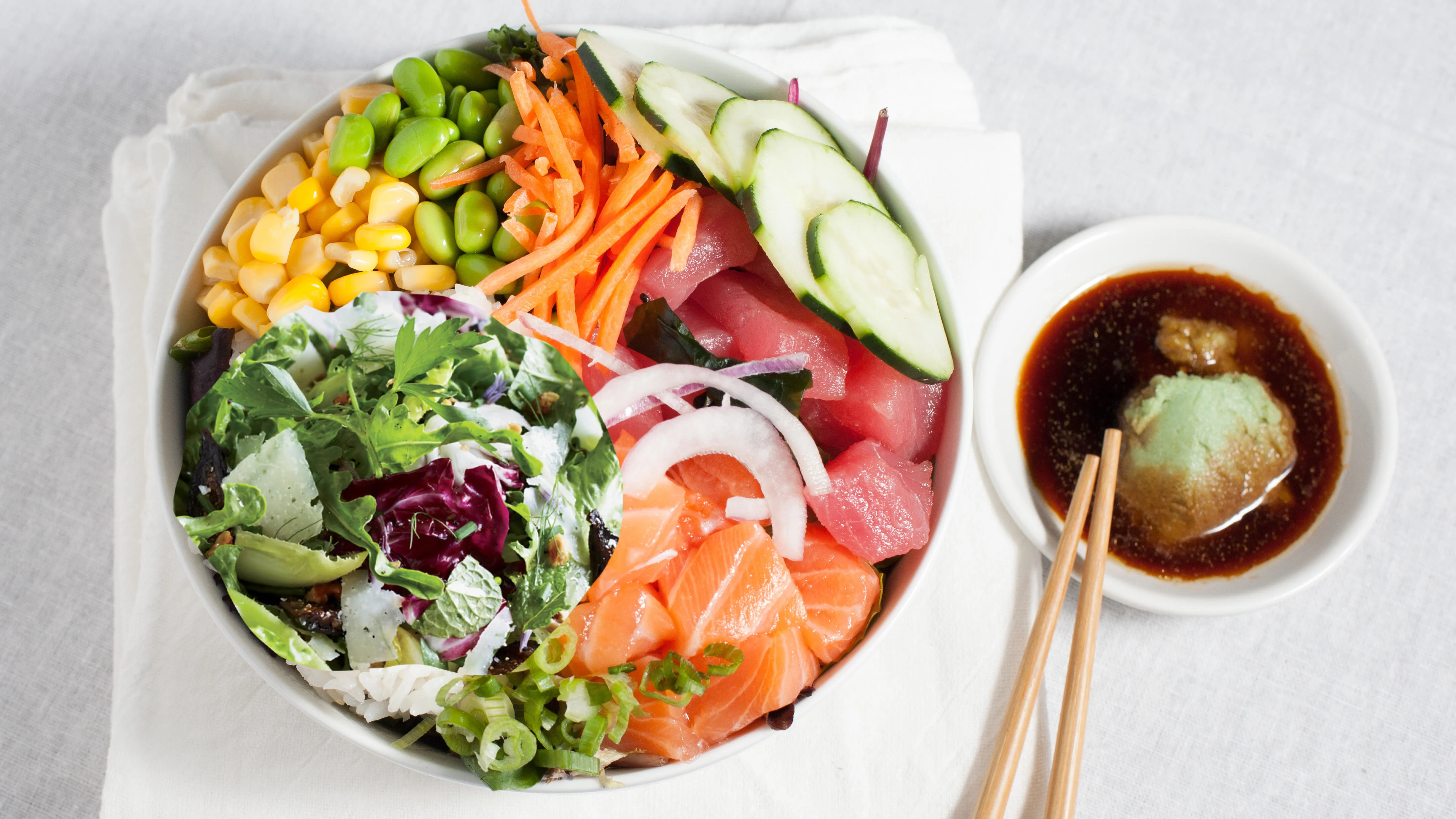Poke Life Special Mixed Green Salad Bowl with Citrus Ponzu and Spicy Mayo Poke Life Special Mixed Green Salad Bowl with Citrus Ponzu and Spicy Mayo