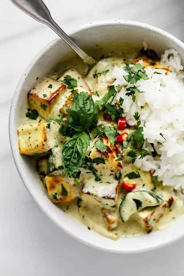 Tofu Green Curry with Steamed Jasmine Rice and a Vegetable Medley Tofu Green Curry with Steamed Jasmine Rice and a Vegetable Medley