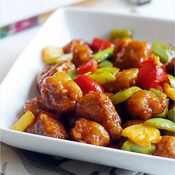 Sweet and Sour Pork with Sauteed Vegetables and White Rice