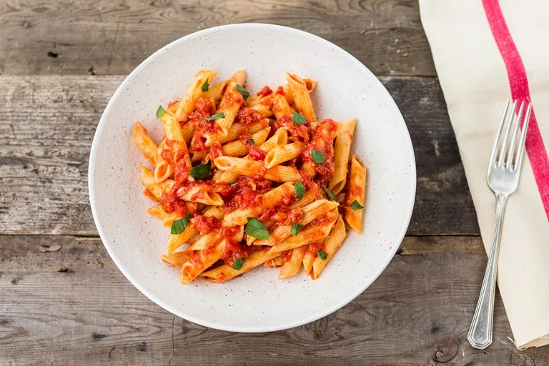 Spicy Chicken Penne Arrabbiata with Garlic Bread and Caesar Salad