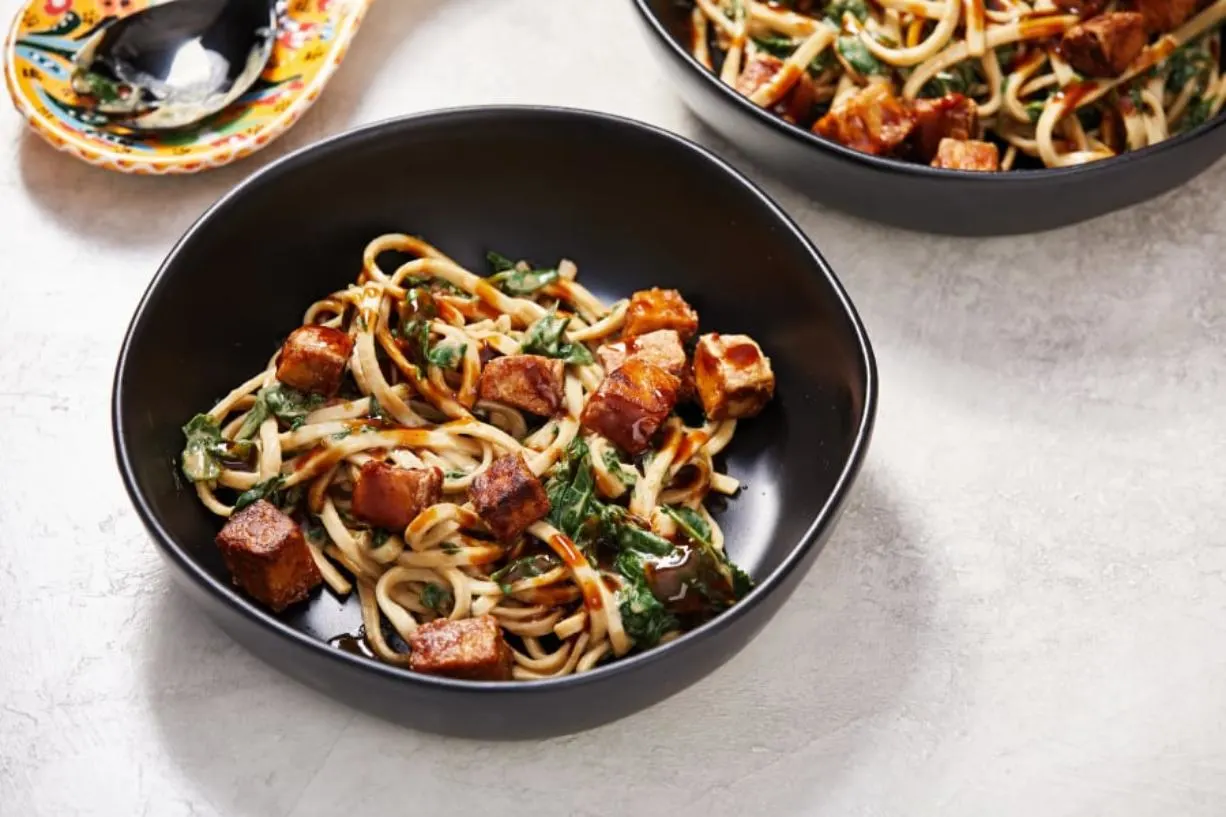 Vegetarian Laotian Tofu with Chow Mein and Broccoli