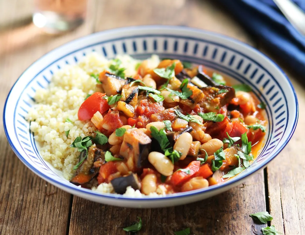 Vegan White Bean and Eggplant Stew with Golden Rice and Roasted Vegetables
