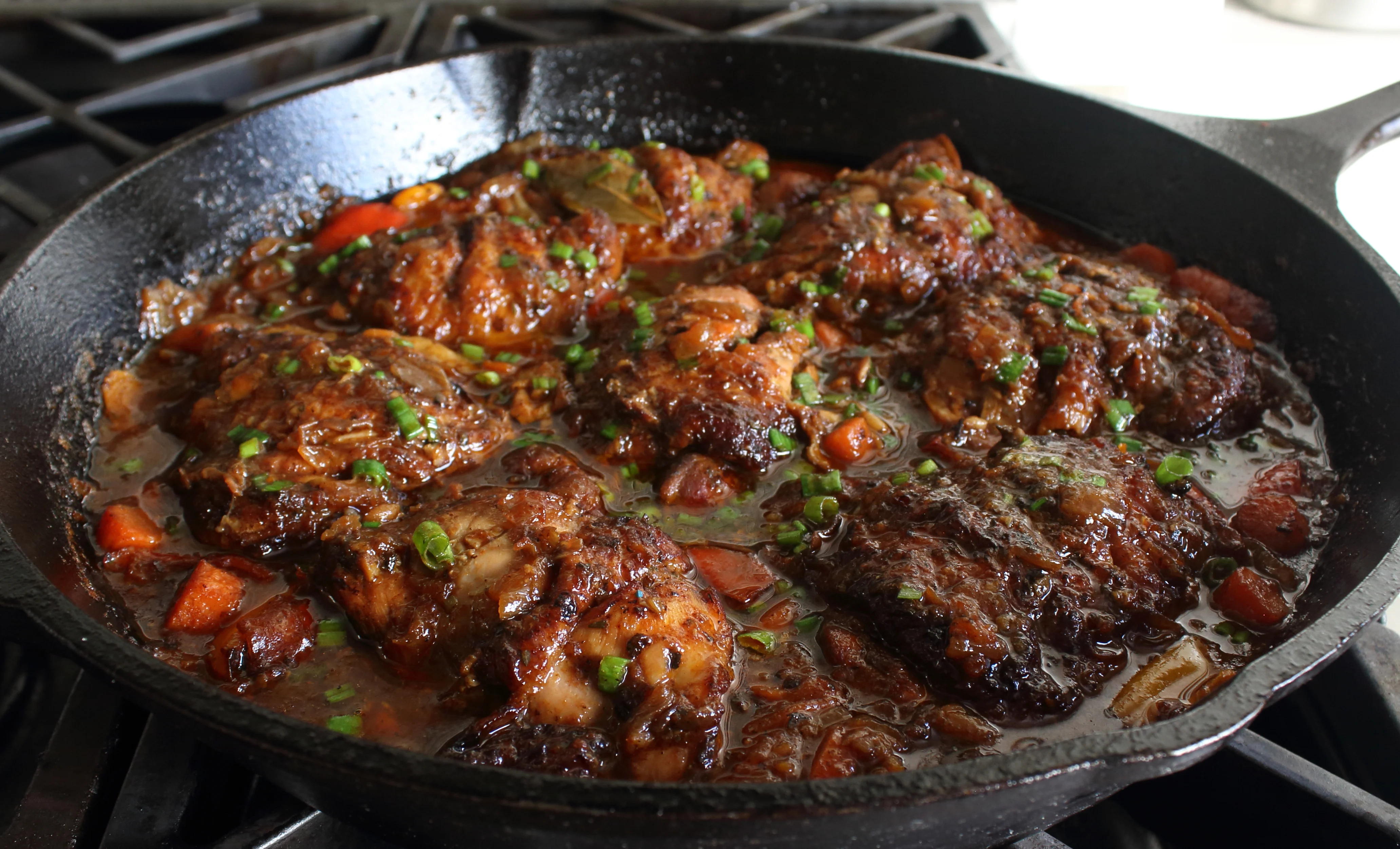 Brown Stew Chicken with Fried Plantains and Coconut White Rice