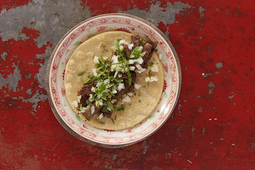 Bistec Con Queso Tacos with Tomatilla Salsa and Roasted Corn Salad