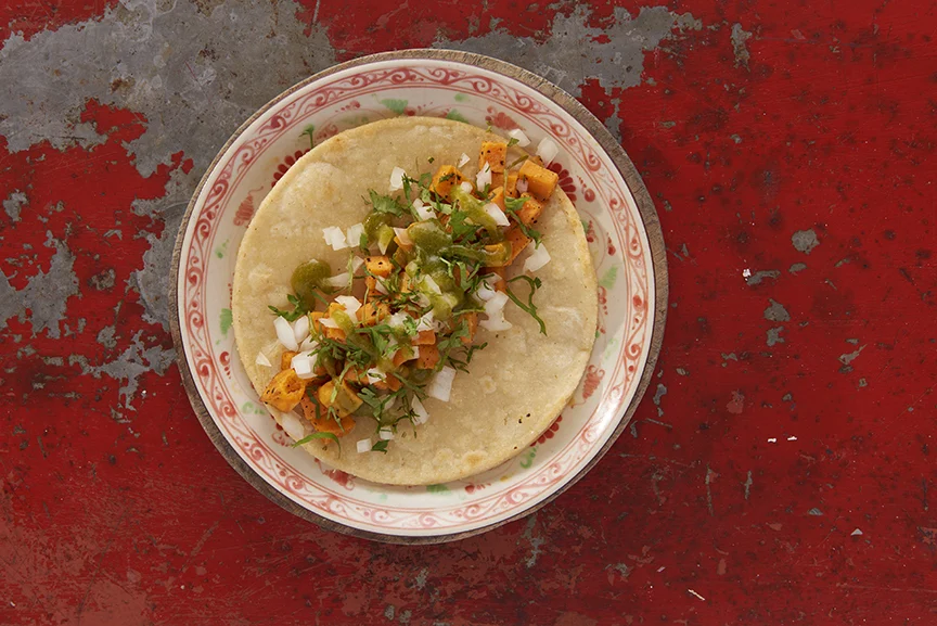 Vegan Chipotle Lime Sweet Potato Tacos with Tomatilla Salsa and Roasted Corn Salad