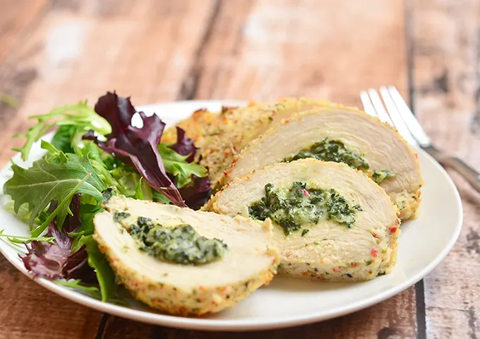 Stuffed Chicken Florentine with Steamed Rice and Veggies