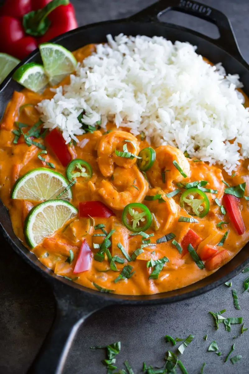 Coconut Prawns with Rice and Red Curry with Mixed Vegetables