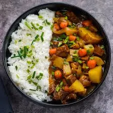 Spicy Ribeye with Laotian Sauce with Rice and Red Curry with Mixed Vegetables