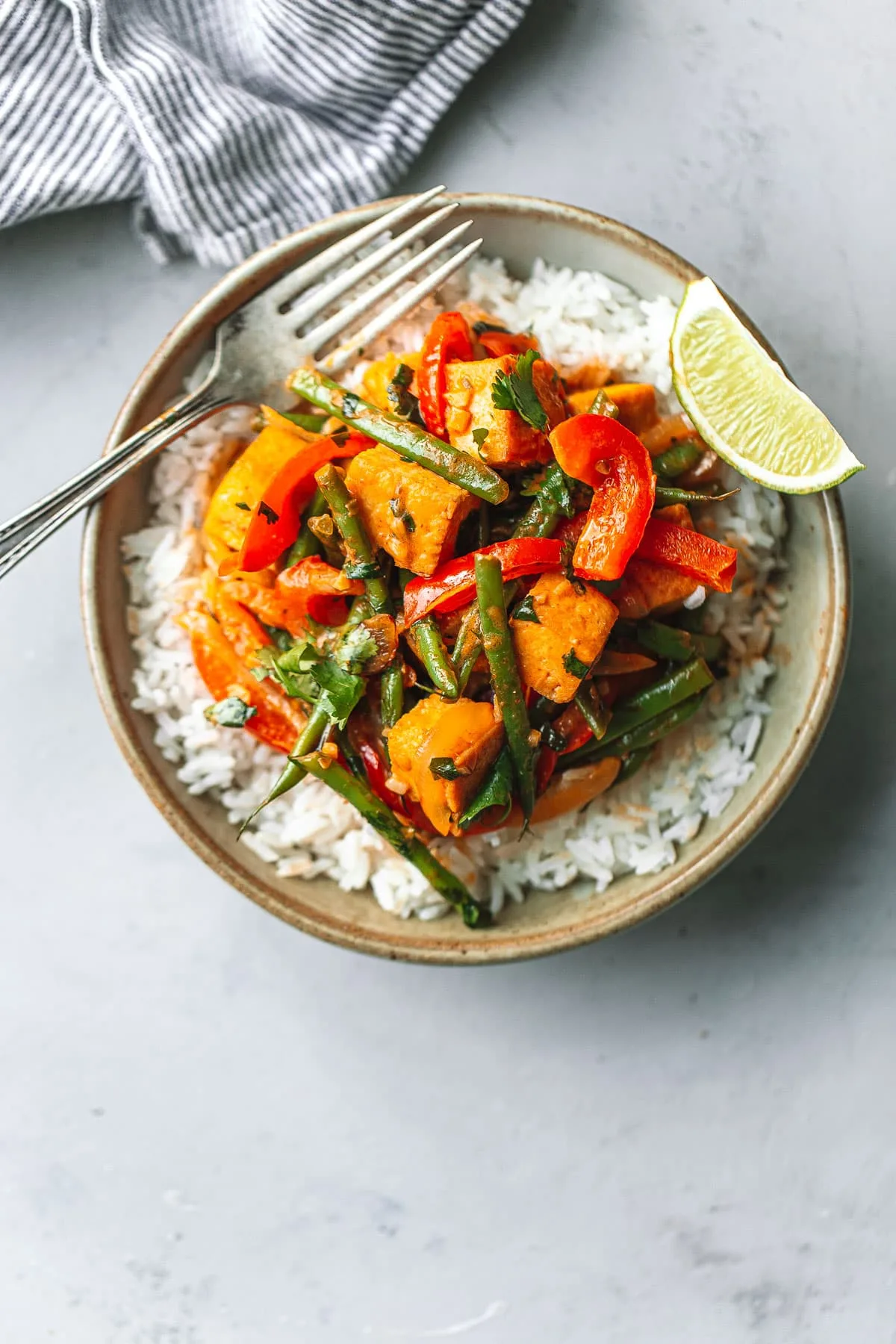 Spicy Laotian Tofu with Rice and Red Curry with Mixed Vegetables