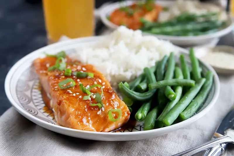 Seared Salmon with Ginger Soy Glaze with Jasmine Rice and String Beans Seared Salmon with Ginger Soy Glaze with Jasmine Rice and String Beans