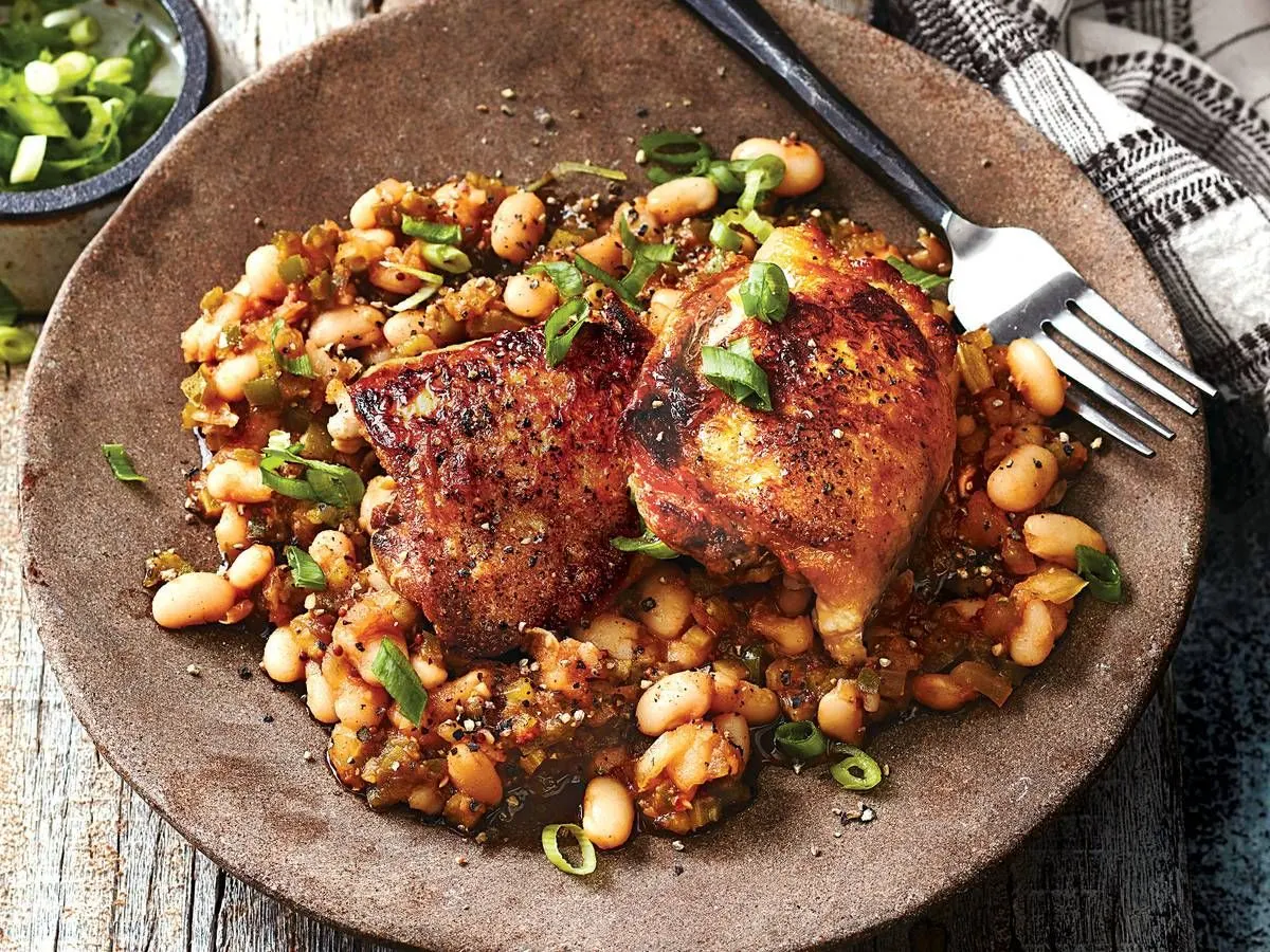 BBQ Chicken Thighs, Bacon Baked Beans and Collard Greens BBQ Chicken Thighs, Bacon Baked Beans and Collard Greens