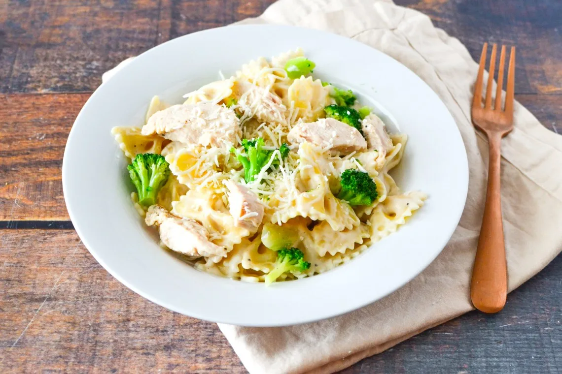 Chicken Buonadonna with Farfalle Pasta and Steamed Broccoli and Carrots