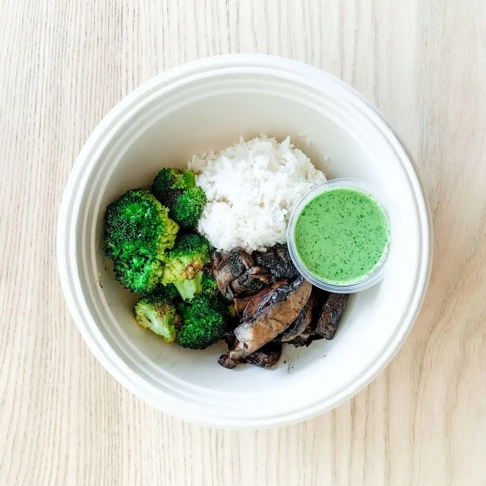 Macro Bowl: Mushrooms, Broccoli, Jasmine Rice, avocado goddess Macro Bowl: Mushrooms, Broccoli, Jasmine Rice, avocado goddess