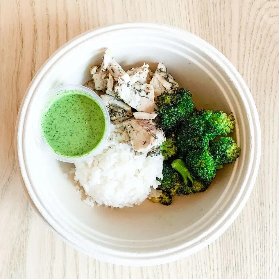 Macro Bowl: Double Chicken, Broccoli, Jasmine Rice, avocado goddess Macro Bowl: Double Chicken, Broccoli, Jasmine Rice, avocado goddess