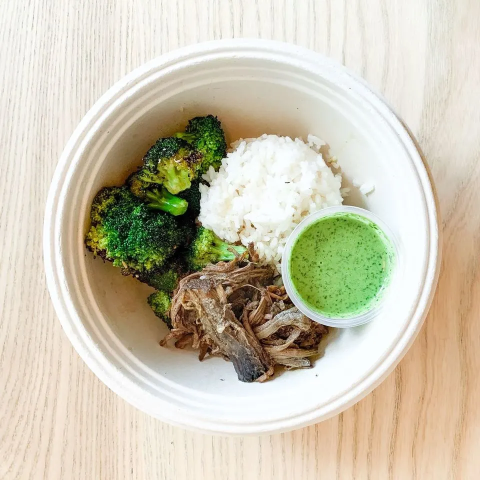 Macro Bowl: Double Beef, Broccoli, Jasmine Rice, avocado goddess Macro Bowl: Double Beef, Broccoli, Jasmine Rice, avocado goddess