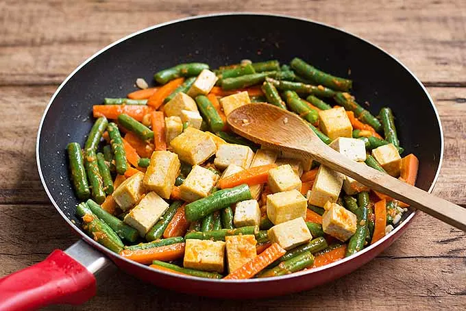 Vegan Cilantro Tofu, Green Roasted Zucchini, and Parsley Carrots and Green Beans
