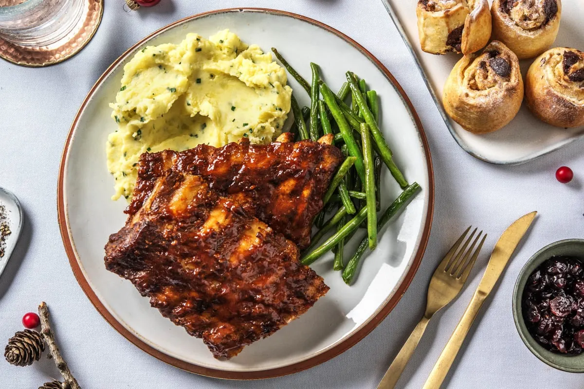 BBQ Pork Ribs with Mashed Potatoes & Grilled Veggies