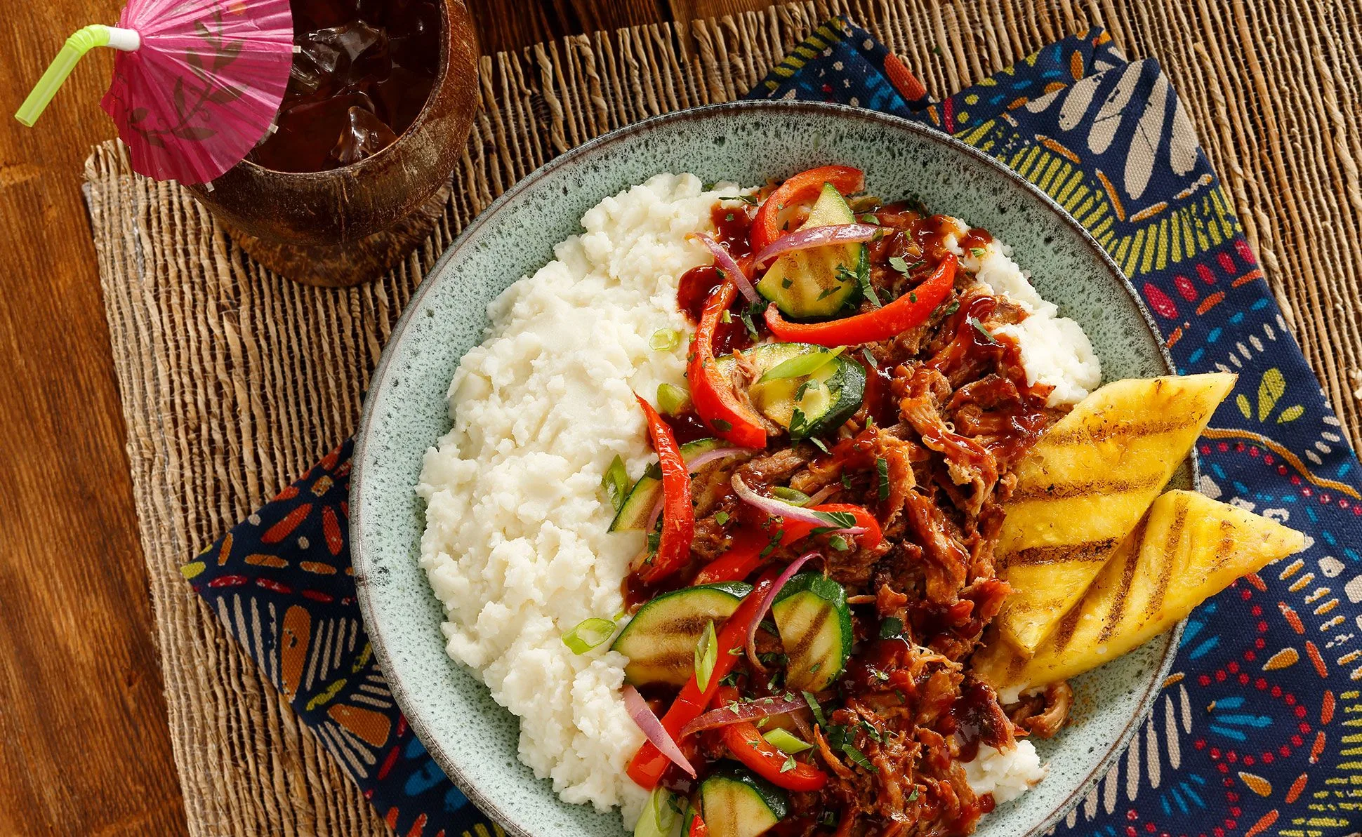 BBQ Pulled Pork with Mashed Potatoes & Grilled Veggies
