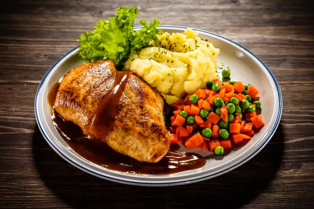 Fried Pork with Mashed Potatoes & Grilled Veggies