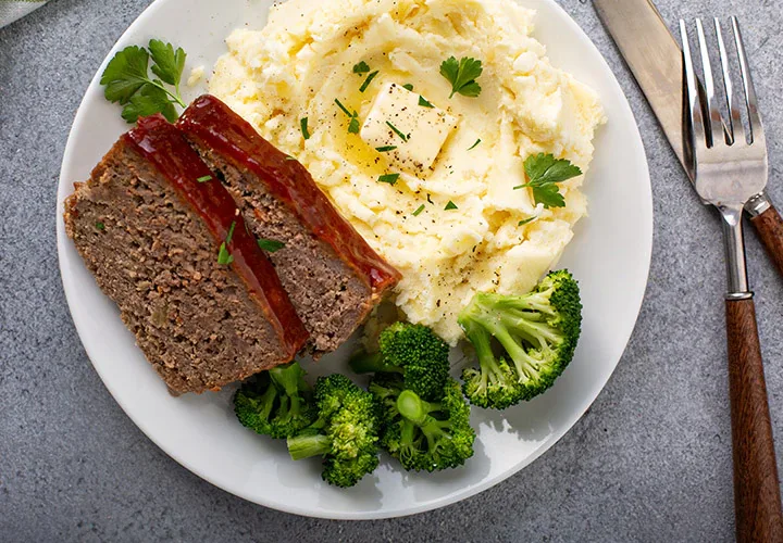 Beef Meatloaf with Mashed Potatoes & Grilled Veggies