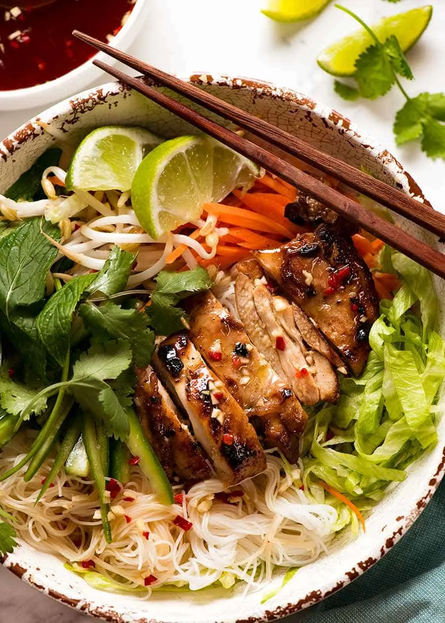 Lemongrass Chicken Sweet Potato Noodles Bowl with Chili Cucumbers + Bok Choy (Scallion Chimichurri)