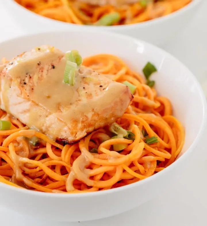 Salmon Sweet Potato Noodles Bowl with Chili Cucumbers + Bok Choy (Scallion Chimichurri)