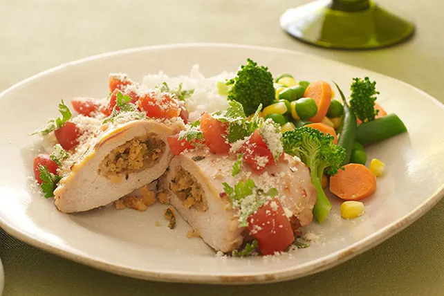 Light Carb Stuffed Chicken Florentine with Cauliflower Rice and Veggies