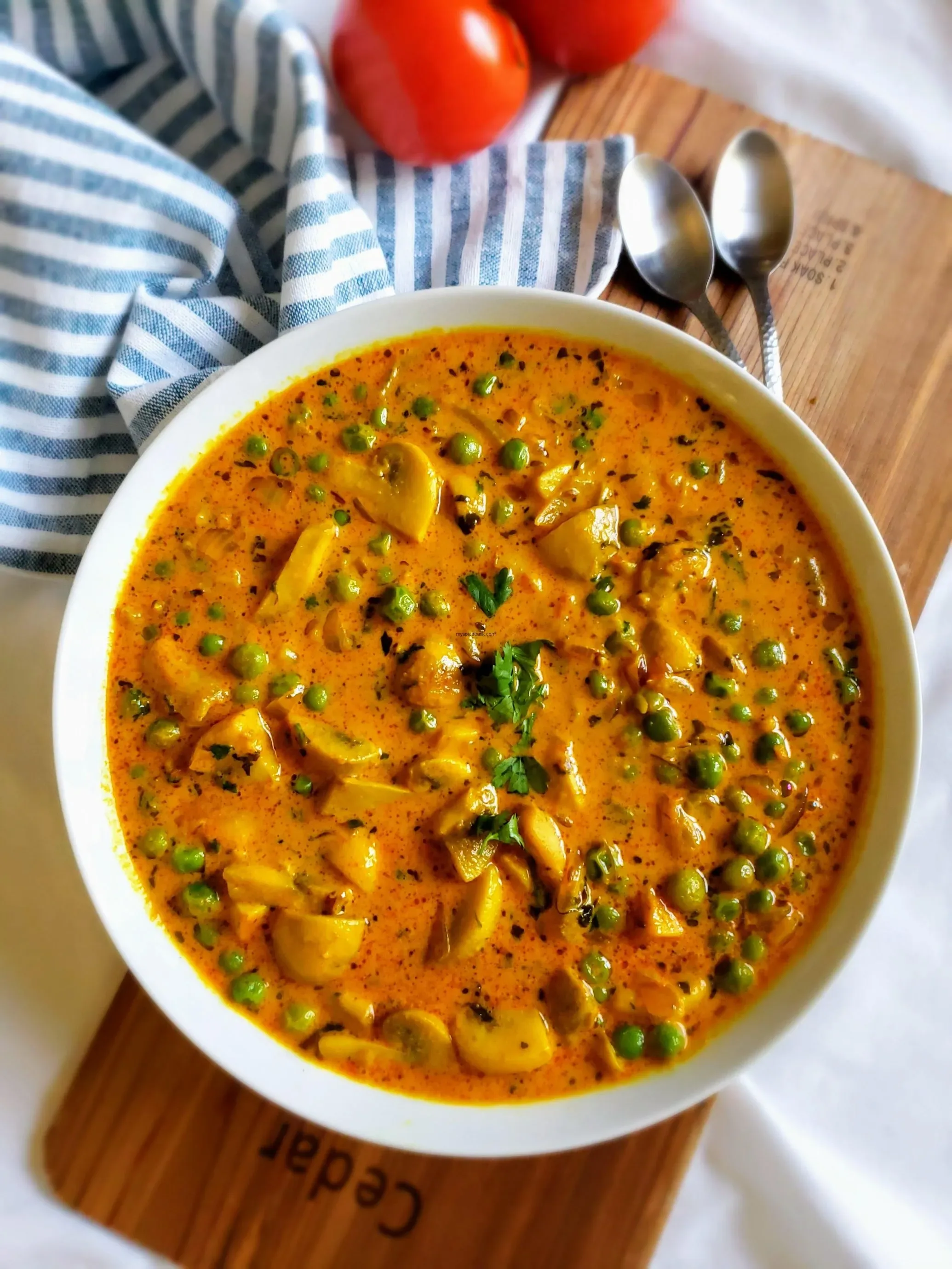 Vegan Mushroom, Peas & Cauliflower Curry served with Mixed Dal & Saffron Rice